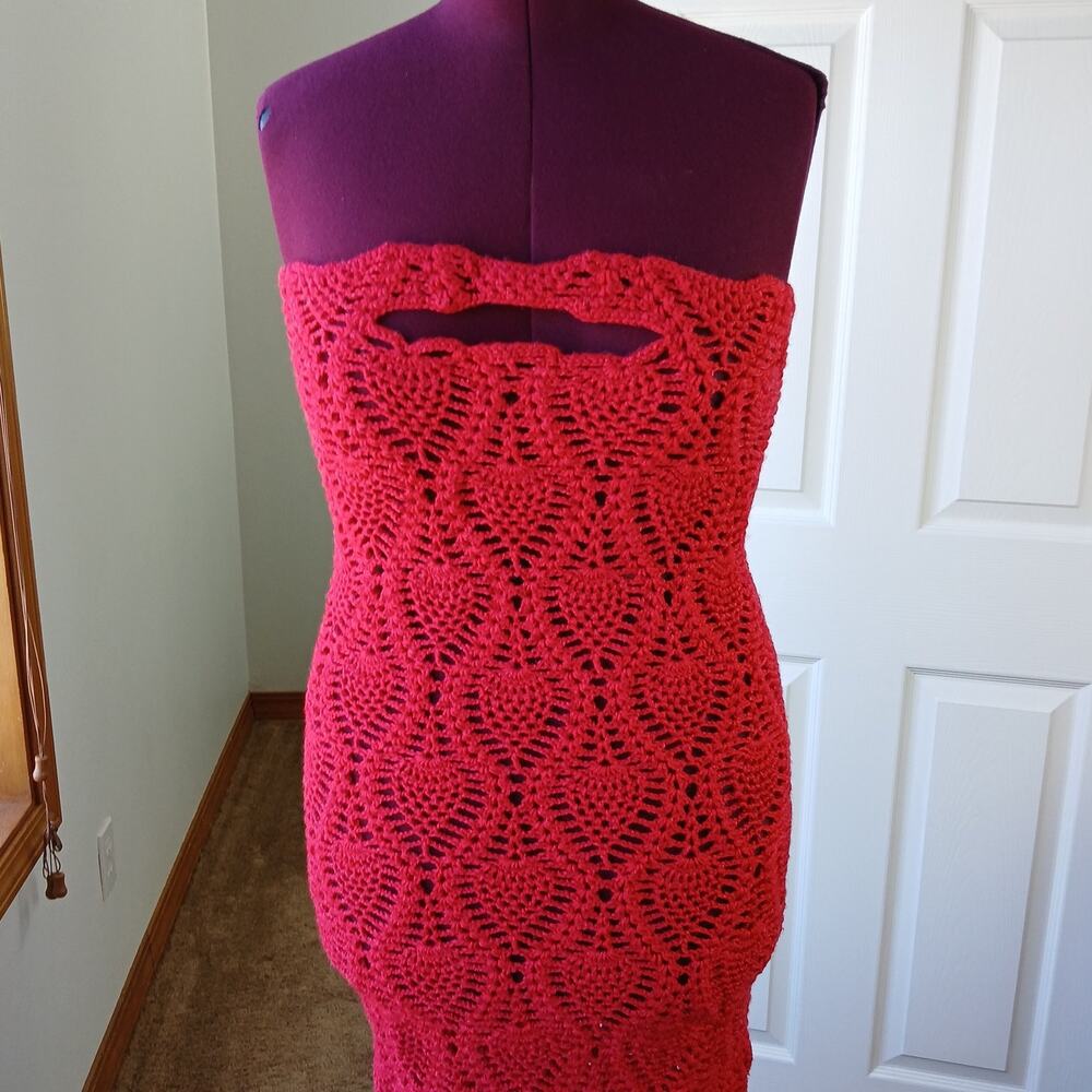 Hand Crafted Red Crochet Lace Gown M L XL 2X bodycon midi tube dress swim cover - Picture 10 of 11